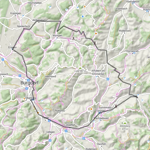 Zemljevid v pomanjšavi "Raznolika kolesarska tura" kolesarske inspiracije v Espace Mittelland, Switzerland. Generirano z načrtovalcem kolesarskih poti Tarmacs.app