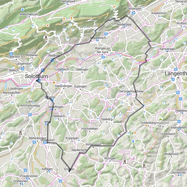 Miniaturní mapa "Cyklistická trasa Ersigen - Gerlafingen - Solothurn - Brächbüel - Graben - Bettenhausen - Ieschberg - Oberösch" inspirace pro cyklisty v oblasti Espace Mittelland, Switzerland. Vytvořeno pomocí plánovače tras Tarmacs.app