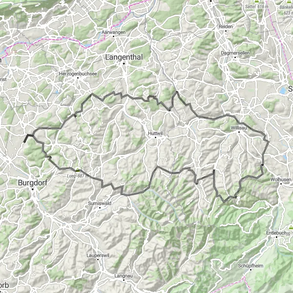 Map miniature of "Ersigen-Alchenstorf-Ieschberg-Hohwacht Reisiswil-Gondiswil-Willisau-Menznau-Chrüzhubel-Hitzenberg-Eriswil Round Trip (Road)" cycling inspiration in Espace Mittelland, Switzerland. Generated by Tarmacs.app cycling route planner