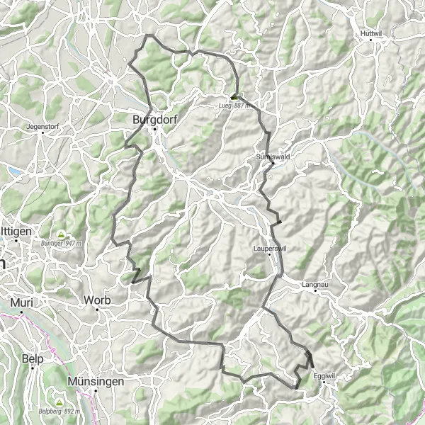 Map miniature of "Wynigen Alpine Adventure" cycling inspiration in Espace Mittelland, Switzerland. Generated by Tarmacs.app cycling route planner