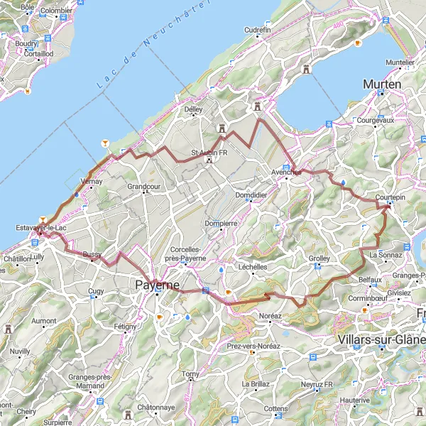 Miniatura della mappa di ispirazione al ciclismo "Tour in Gravel intorno a Estavayer-le-Lac" nella regione di Espace Mittelland, Switzerland. Generata da Tarmacs.app, pianificatore di rotte ciclistiche