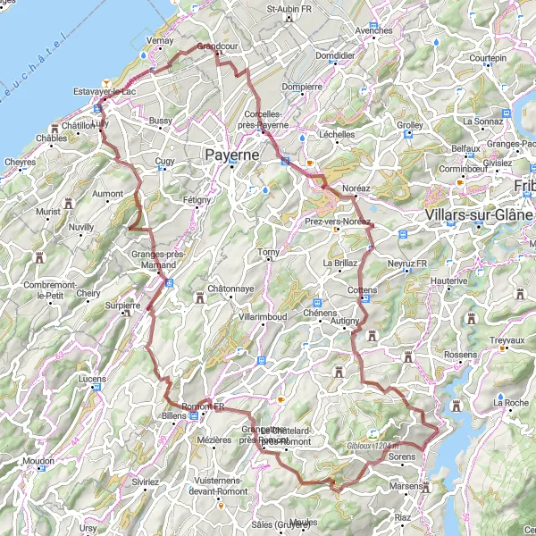 Map miniature of "Estavayer-le-Lac Gravel Route" cycling inspiration in Espace Mittelland, Switzerland. Generated by Tarmacs.app cycling route planner