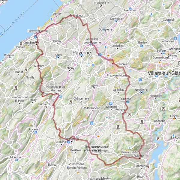 Map miniature of "Breathtaking Broye" cycling inspiration in Espace Mittelland, Switzerland. Generated by Tarmacs.app cycling route planner