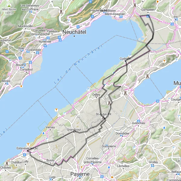 Map miniature of "Lac ... loops route" cycling inspiration in Espace Mittelland, Switzerland. Generated by Tarmacs.app cycling route planner