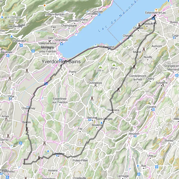 Miniaturní mapa "Okružní cyklotrasa Bollion - Cheyres" inspirace pro cyklisty v oblasti Espace Mittelland, Switzerland. Vytvořeno pomocí plánovače tras Tarmacs.app