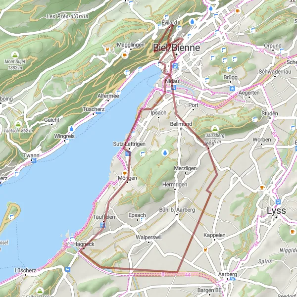Miniatua del mapa de inspiración ciclista "Ruta de ciclismo de grava alrededor del lago Bienne" en Espace Mittelland, Switzerland. Generado por Tarmacs.app planificador de rutas ciclistas