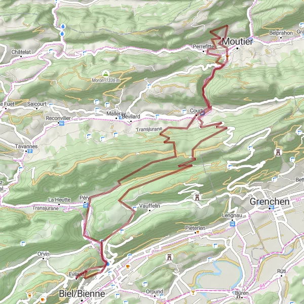 Map miniature of "Gravel Route: Evilard to Mont Girod Loop" cycling inspiration in Espace Mittelland, Switzerland. Generated by Tarmacs.app cycling route planner