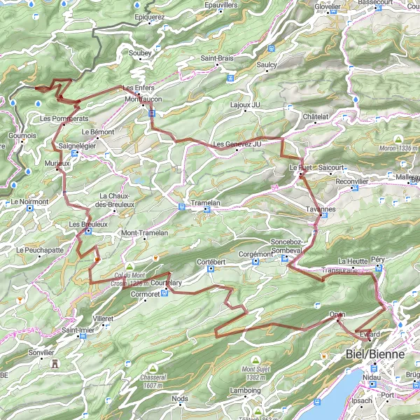 Miniatura della mappa di ispirazione al ciclismo "Escursione tra le montagne del Giura" nella regione di Espace Mittelland, Switzerland. Generata da Tarmacs.app, pianificatore di rotte ciclistiche