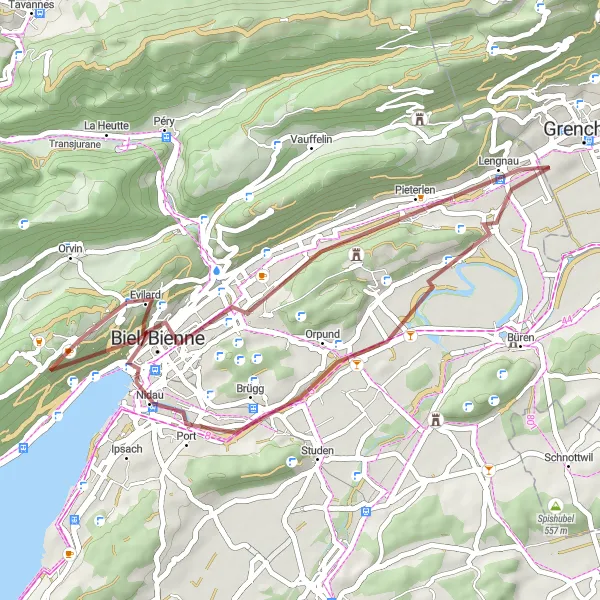 Miniatuurkaart van de fietsinspiratie "Gravelroute van Evilard naar Biel/Bienne" in Espace Mittelland, Switzerland. Gemaakt door de Tarmacs.app fietsrouteplanner