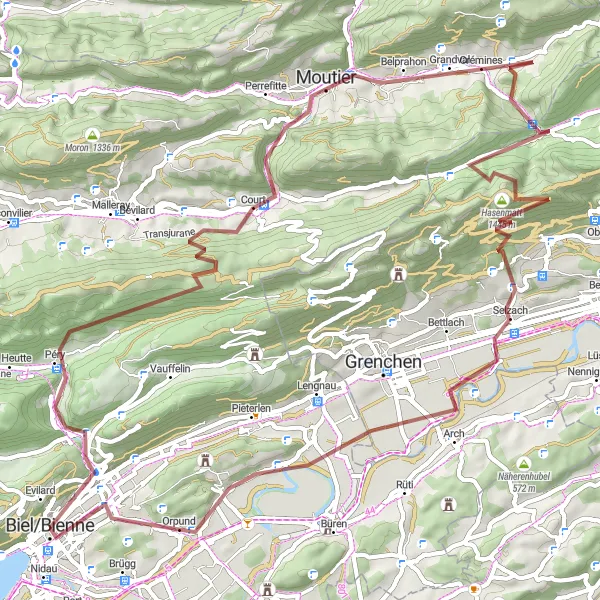 Miniatuurkaart van de fietsinspiratie "Lange Gravelroute door de Jura" in Espace Mittelland, Switzerland. Gemaakt door de Tarmacs.app fietsrouteplanner