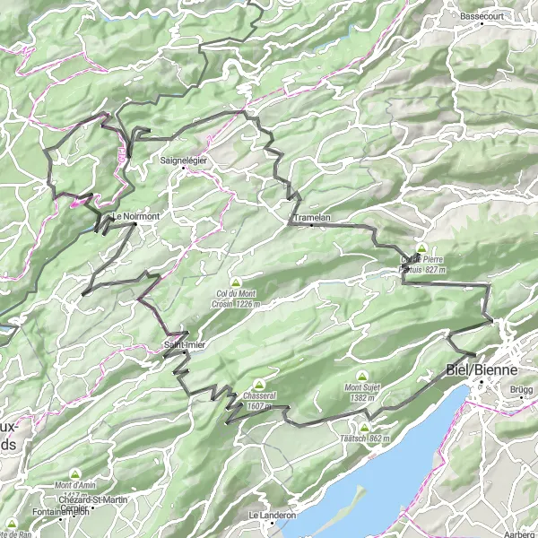 Map miniature of "Epic Round-Trip Through the Jura Mountains" cycling inspiration in Espace Mittelland, Switzerland. Generated by Tarmacs.app cycling route planner