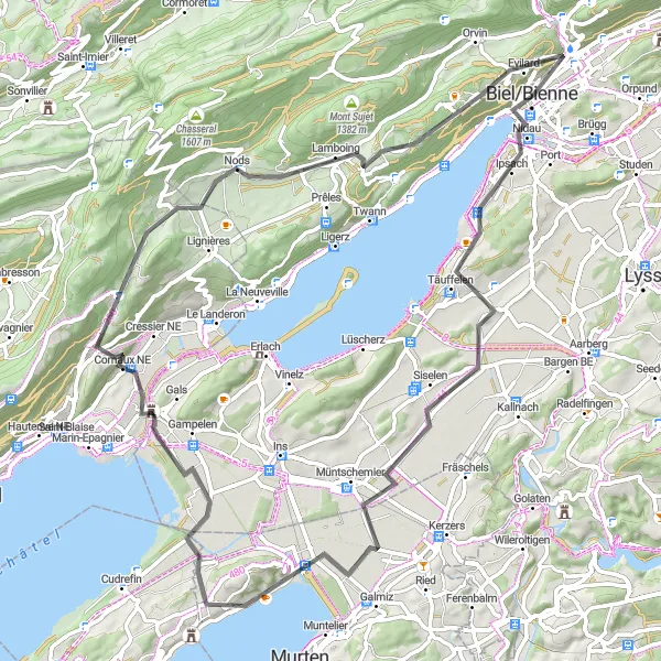 Miniatura della mappa di ispirazione al ciclismo "Percorso ciclistico attraverso Oberes Ried e Lamboing" nella regione di Espace Mittelland, Switzerland. Generata da Tarmacs.app, pianificatore di rotte ciclistiche