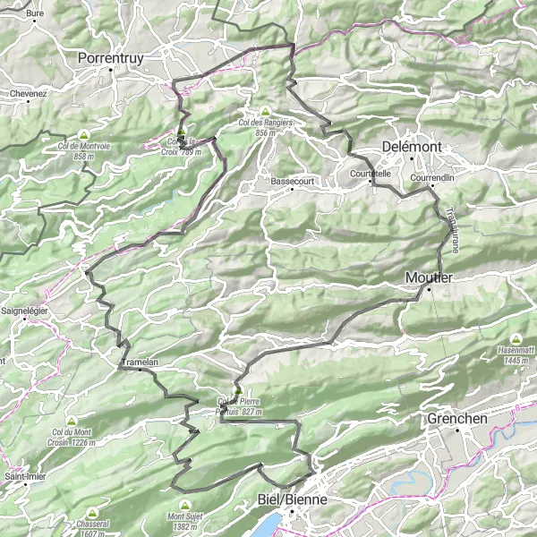 Miniatua del mapa de inspiración ciclista "Ruta de ciclismo de carretera a través de St-Ursanne" en Espace Mittelland, Switzerland. Generado por Tarmacs.app planificador de rutas ciclistas