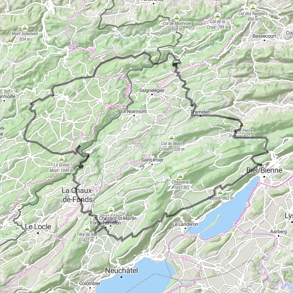 Miniatura mapy "Trasa z Evilard do Les Hormets i z powrotem" - trasy rowerowej w Espace Mittelland, Switzerland. Wygenerowane przez planer tras rowerowych Tarmacs.app