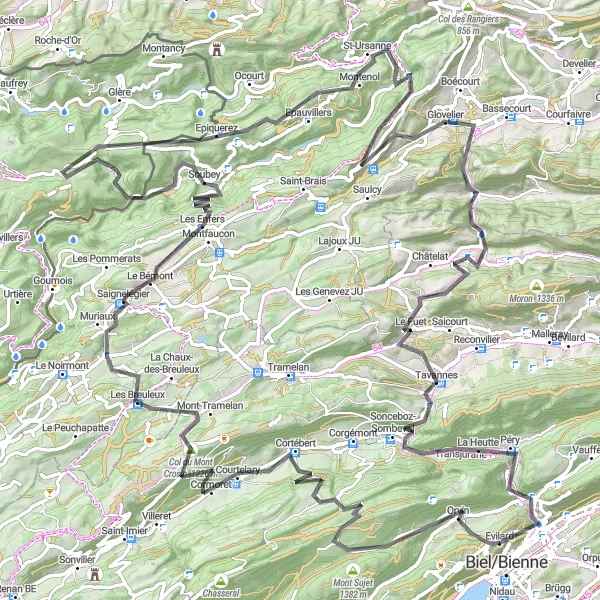 Miniatura della mappa di ispirazione al ciclismo "Tour di 140 km con partenza da Evilard" nella regione di Espace Mittelland, Switzerland. Generata da Tarmacs.app, pianificatore di rotte ciclistiche