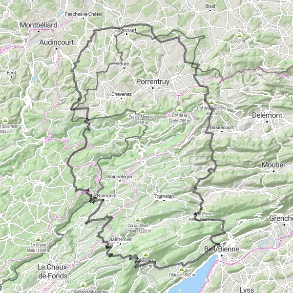 Karttaminiaatyyri "Magglingen - Nods - Col du Chasseral - Sonvilier - Les Bois - Col de la Vierge - Belfays - Montjoie-le-Château - Vandoncourt - La Roche - Courtelevant - Beurnevésin - Le Gyps - Boécourt - Les Craux - Col de Pierre Pertuis - Sonceboz-Sombeval - Geissrücken - Evilard Reitti" pyöräilyinspiraatiosta alueella Espace Mittelland, Switzerland. Luotu Tarmacs.app pyöräilyreittisuunnittelijalla
