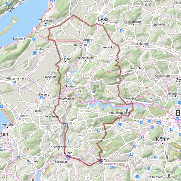 Miniaturní mapa "Gravel cyklotrasa z Flamatt" inspirace pro cyklisty v oblasti Espace Mittelland, Switzerland. Vytvořeno pomocí plánovače tras Tarmacs.app