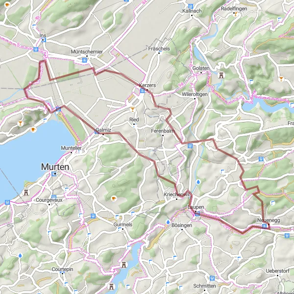 Kartminiatyr av "Grusväg: Flamatt till Mont Vully" cykelinspiration i Espace Mittelland, Switzerland. Genererad av Tarmacs.app cykelruttplanerare