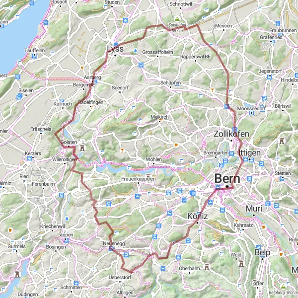 Miniatua del mapa de inspiración ciclista "Ruta de Grava por Espace Mittelland" en Espace Mittelland, Switzerland. Generado por Tarmacs.app planificador de rutas ciclistas