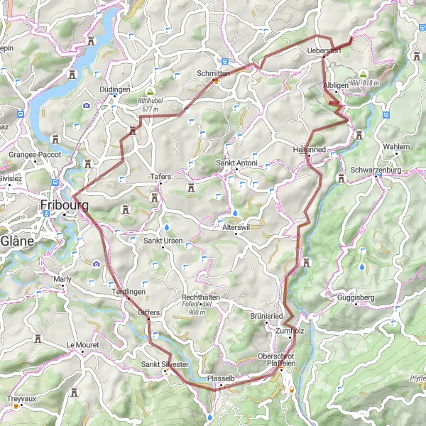 Miniaturekort af cykelinspirationen "Grusvej cykelrute fra Flamatt" i Espace Mittelland, Switzerland. Genereret af Tarmacs.app cykelruteplanlægger
