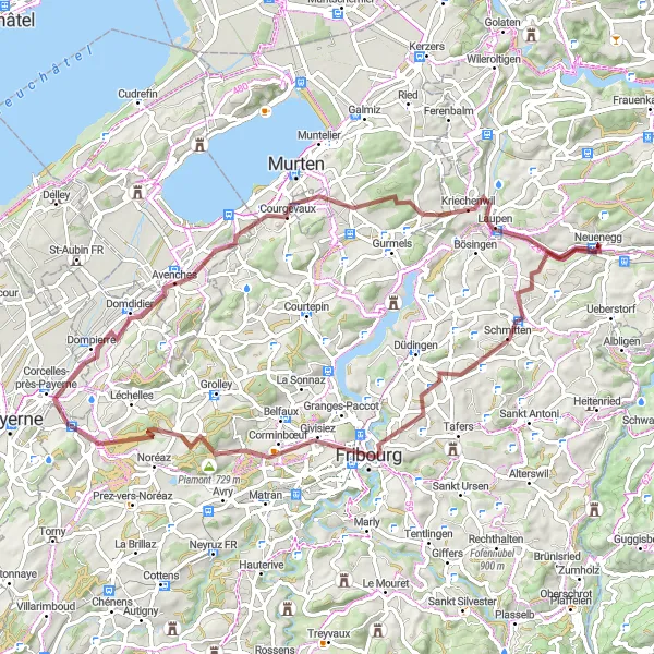 Miniaturekort af cykelinspirationen "Grusvej cykelrute fra Flamatt til Avenches" i Espace Mittelland, Switzerland. Genereret af Tarmacs.app cykelruteplanlægger
