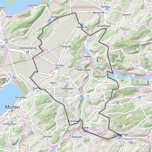 Kartminiatyr av "Laupen til Flamatt Landevei Sykkeltur" sykkelinspirasjon i Espace Mittelland, Switzerland. Generert av Tarmacs.app sykkelrutoplanlegger