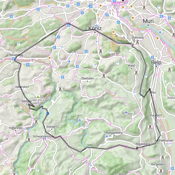 Zemljevid v pomanjšavi "Raznolika kolesarska tura do Schwarzenburga" kolesarske inspiracije v Espace Mittelland, Switzerland. Generirano z načrtovalcem kolesarskih poti Tarmacs.app