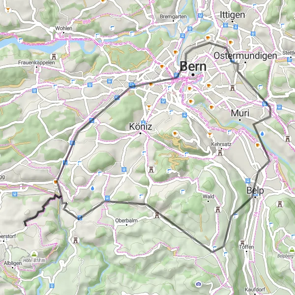 Miniature de la carte de l'inspiration cycliste "La Route Scénique des Tours et Clochers" dans la Espace Mittelland, Switzerland. Générée par le planificateur d'itinéraire cycliste Tarmacs.app
