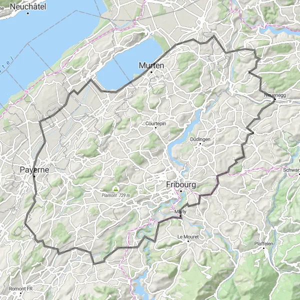 Kartminiatyr av "Utfordrende Sykkeltur til Payerne fra Flamatt" sykkelinspirasjon i Espace Mittelland, Switzerland. Generert av Tarmacs.app sykkelrutoplanlegger