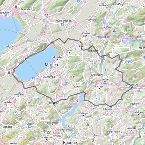 Miniatura della mappa di ispirazione al ciclismo "Road Ciclovía da Wünnewil a Süri" nella regione di Espace Mittelland, Switzerland. Generata da Tarmacs.app, pianificatore di rotte ciclistiche