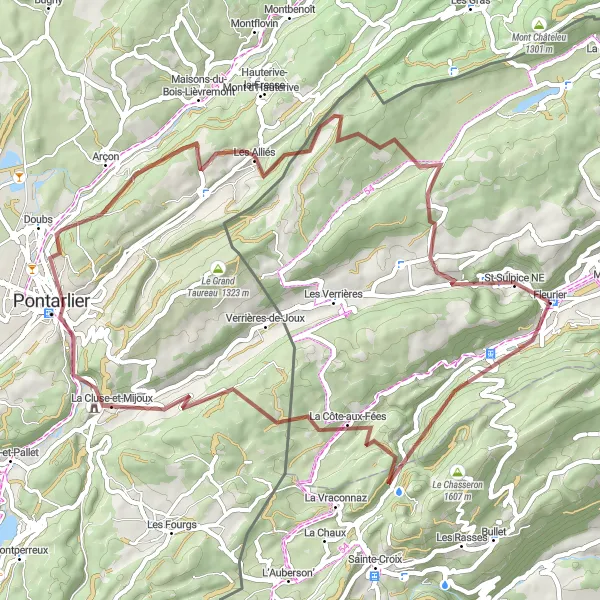 Mapa miniatúra "Gravel okolo Buttes" cyklistická inšpirácia v Espace Mittelland, Switzerland. Vygenerované cyklistickým plánovačom trás Tarmacs.app