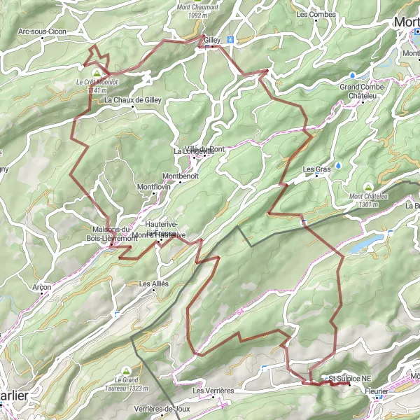 Miniatura della mappa di ispirazione al ciclismo "Esplorazione gravel nella regione di Fleurier" nella regione di Espace Mittelland, Switzerland. Generata da Tarmacs.app, pianificatore di rotte ciclistiche