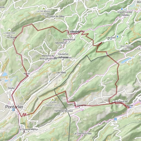 Kartminiatyr av "Grusveien til Les Verrières tur-retur fra Fleurier" sykkelinspirasjon i Espace Mittelland, Switzerland. Generert av Tarmacs.app sykkelrutoplanlegger