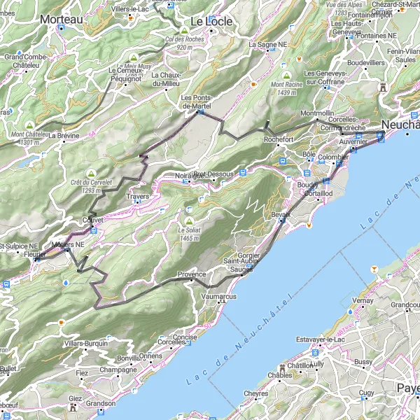 Mapa miniatúra "Cestné kolo - Fleurier - Vysekal de la Vy z Couvet" cyklistická inšpirácia v Espace Mittelland, Switzerland. Vygenerované cyklistickým plánovačom trás Tarmacs.app