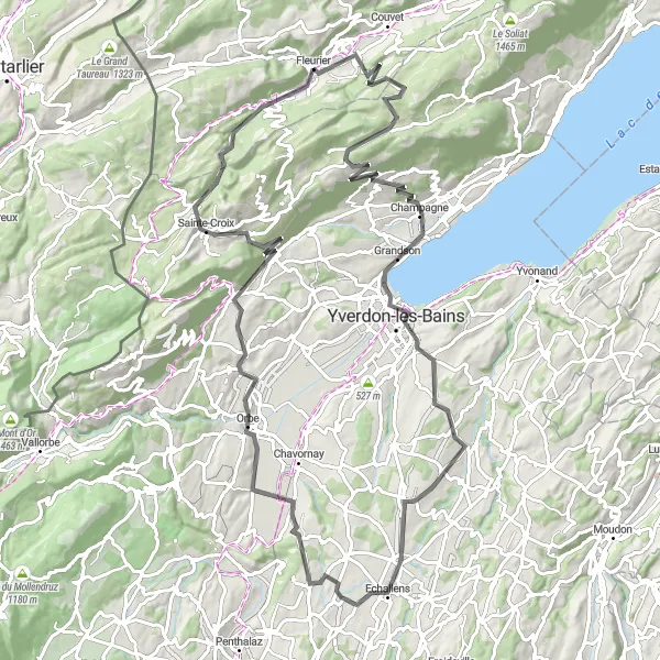 Map miniature of "Scenic Loop from Fleurier" cycling inspiration in Espace Mittelland, Switzerland. Generated by Tarmacs.app cycling route planner