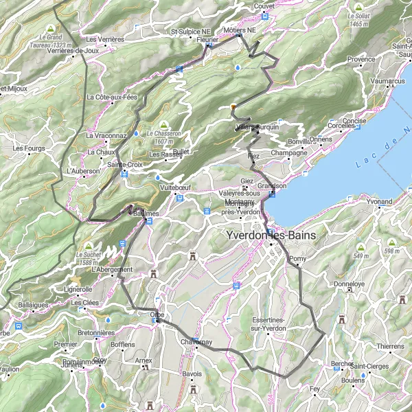 Map miniature of "Fleurier and Beyond" cycling inspiration in Espace Mittelland, Switzerland. Generated by Tarmacs.app cycling route planner