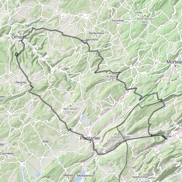Mapa miniatúra "Trasa cez La Cluse-et-Mijoux a Ornans" cyklistická inšpirácia v Espace Mittelland, Switzerland. Vygenerované cyklistickým plánovačom trás Tarmacs.app