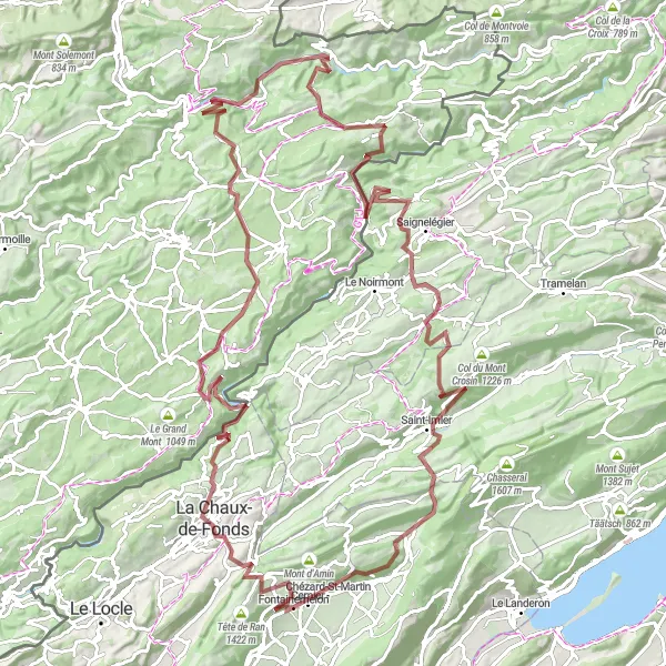 Miniaturekort af cykelinspirationen "Grusveje gennem Jura-bjergene" i Espace Mittelland, Switzerland. Genereret af Tarmacs.app cykelruteplanlægger