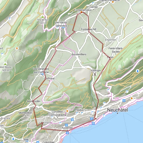 Miniatura della mappa di ispirazione al ciclismo "Esplorazione Gravel da Valangin a Montmollin" nella regione di Espace Mittelland, Switzerland. Generata da Tarmacs.app, pianificatore di rotte ciclistiche