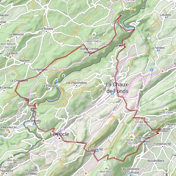 Miniatua del mapa de inspiración ciclista "Ruta de ciclismo en gravilla por Mont Racine y Fournet-Blancheroche" en Espace Mittelland, Switzerland. Generado por Tarmacs.app planificador de rutas ciclistas