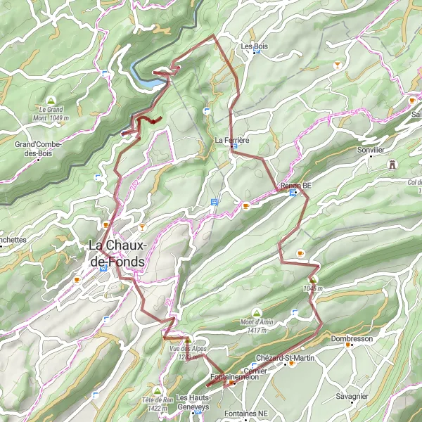 Karttaminiaatyyri "Vue des Alpes - Cernier" pyöräilyinspiraatiosta alueella Espace Mittelland, Switzerland. Luotu Tarmacs.app pyöräilyreittisuunnittelijalla
