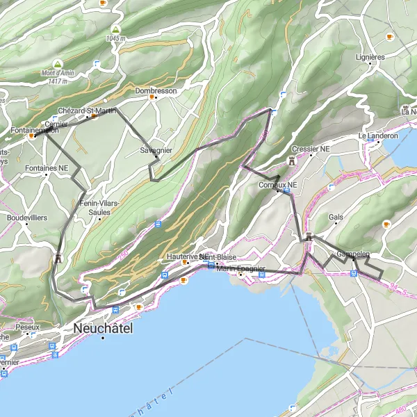 Kartminiatyr av "Enges och Neuchâtel Loop" cykelinspiration i Espace Mittelland, Switzerland. Genererad av Tarmacs.app cykelruttplanerare