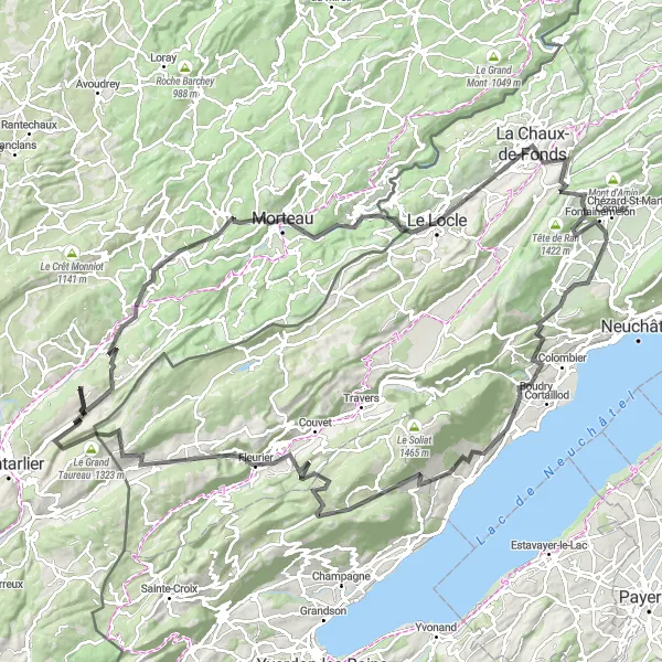 Miniatua del mapa de inspiración ciclista "Ruta escénica a Villers-le-Lac" en Espace Mittelland, Switzerland. Generado por Tarmacs.app planificador de rutas ciclistas