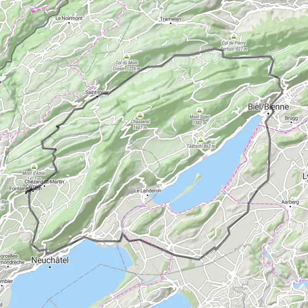 Miniatua del mapa de inspiración ciclista "Ruta de ciclismo de carretera por Sonvilier y Neuchâtel" en Espace Mittelland, Switzerland. Generado por Tarmacs.app planificador de rutas ciclistas