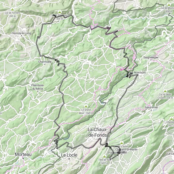 Miniatura mapy "Trasa szosowa przez Les Brenets i La Ferrière" - trasy rowerowej w Espace Mittelland, Switzerland. Wygenerowane przez planer tras rowerowych Tarmacs.app