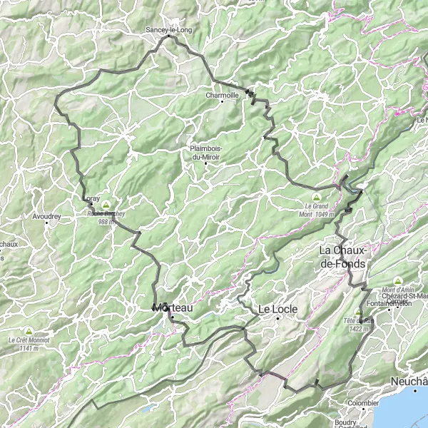 Miniatua del mapa de inspiración ciclista "Ruta panorámica a La Vue des Alpes" en Espace Mittelland, Switzerland. Generado por Tarmacs.app planificador de rutas ciclistas