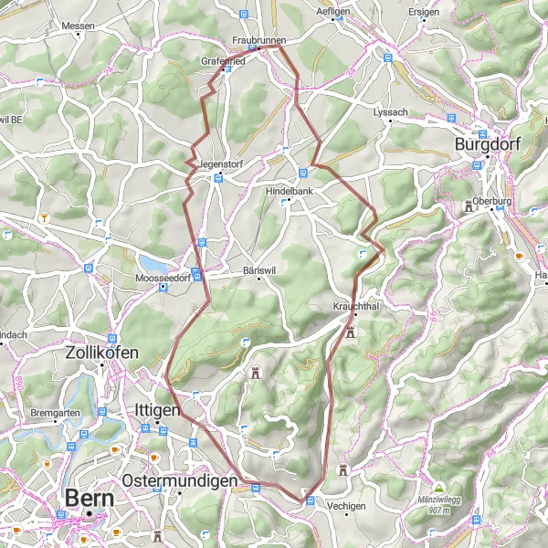 Miniatua del mapa de inspiración ciclista "Aventuras en las colinas de Berna" en Espace Mittelland, Switzerland. Generado por Tarmacs.app planificador de rutas ciclistas