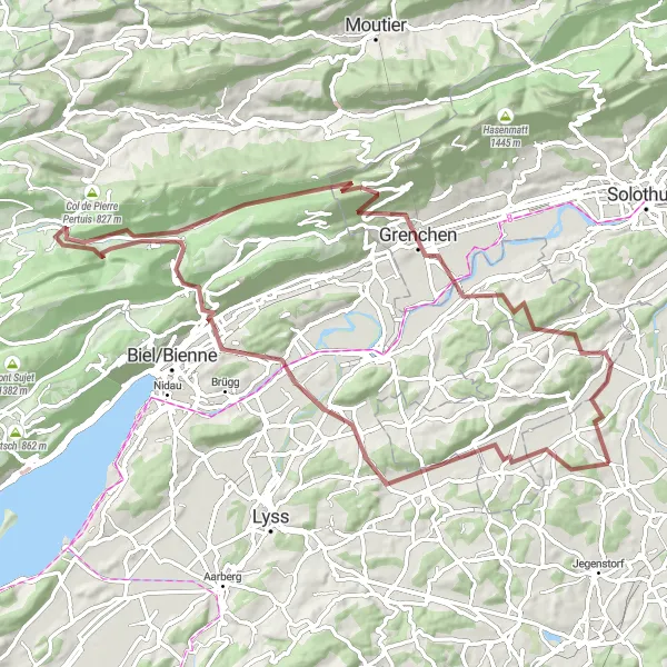 Miniatura della mappa di ispirazione al ciclismo "Tour in bicicletta su sterrato intorno a Fraubrunnen" nella regione di Espace Mittelland, Switzerland. Generata da Tarmacs.app, pianificatore di rotte ciclistiche