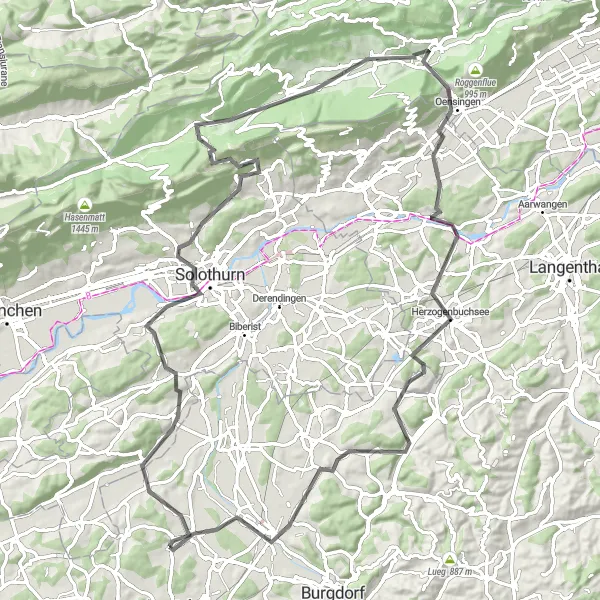 Miniaturekort af cykelinspirationen "Kuperet Tur til Fraubrunnen Oplevelse" i Espace Mittelland, Switzerland. Genereret af Tarmacs.app cykelruteplanlægger