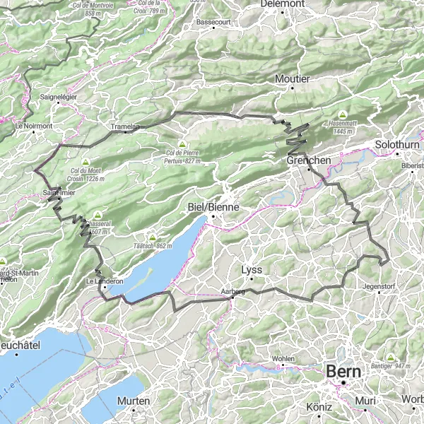 Kartminiatyr av "Utfordrende landeveissykling i Espace Mittelland" sykkelinspirasjon i Espace Mittelland, Switzerland. Generert av Tarmacs.app sykkelrutoplanlegger